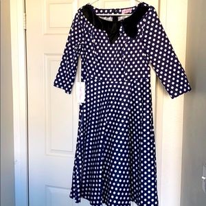 ROCKABILLY (XL) Blue & Wht  Polka Dot Modest Dress